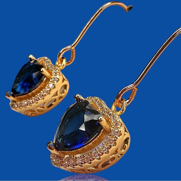 NEW Rose Gold Tone Simulated Sapphire & White Diamond Heart Dangle Earrings - Picture 5 of 8
